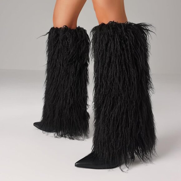 Women's B-Black Fur Knee High Heels Wide Calf Fold Over Fashion Boots Shoes - Picture 2 of 6